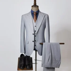M 4XL Striped Men’s Korean Slim Light Gray Casual Suits Three-Piece Men’s Suits