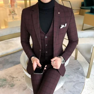 M-58XL Plaid Business Suit Wedding Groom Three-piece Suit Casual Tuxedo Jackets Vest Pants Big Size Men Business Suit