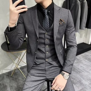 M-5XL Single Button Men’s Striped Wedding Groom’s Three Piece Suits Formal Man Suits for Business (Jackets+Vest+Pants)