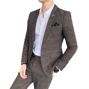 M-7XL Men’s Suit Business Casual Two Piece Set Korean Fit Plaid Suit Large