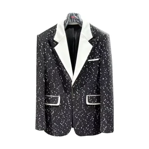 MOQ 1 Piece Customizable Handmade Sequin Men’s Blazer with Contrast White Lapel Sparkly Formal Party Streetwear