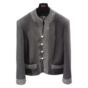 MOQ 1 Piece Customizable Men’s Gray Wool Blend Jacket with Pearl Buttons & Embellished Trim Stylish Casual Men’s Blazer