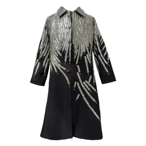 MOQ 1 Piece Customizable Runway Handmade Feather Dee IOR Men’s Metallic Embroidered Silver Rain Long Coat