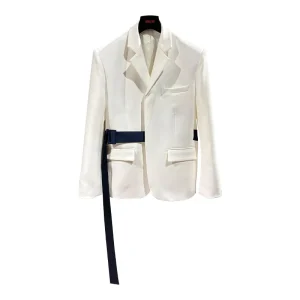 MOQ 1 Piece Customization French Chic Business Casual Men’s Navy Blue Belt White Blazer