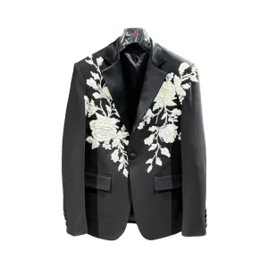 MOQ 1 Piece Men’s Black Floral Embroidered Blazer Luxury Suit Jacket for Business Casual Party Occasions