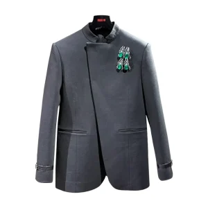 MOQ 1 Piece Men’s Dark Gray Mandarin Collar Blazer with Emerald Embellishments Luxury High Quality Mens Suit Jacket