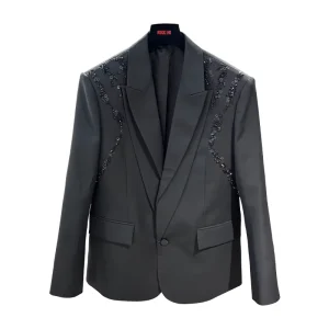 MOQ 1 Piece Men’s Dark Gray Sequin Embellished Blazer Luxurious Suit Jacket for Business Party Occasions