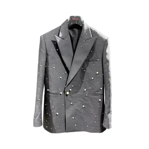 MOQ 1 Piece Men’s Gray Pearl Embellished Blazer Luxury Studded Suit Jacket for Business Casual Occasions