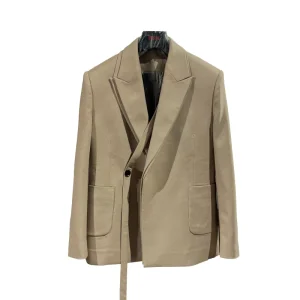 MOQ 1 Piece Men’s Khaki Single Breasted Blazer with Waist Tie Formal Casual