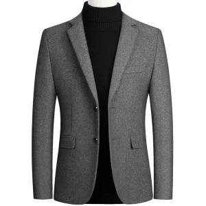 MS034 Autumn and Winter Men’s Casual Suit Slim Trench with Thickened Woolen/Polyester Fabric Solid Color Suit