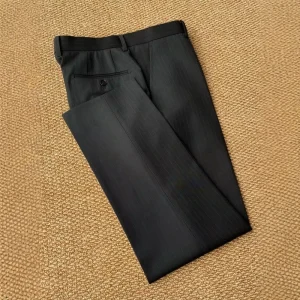 MTM Bespoke Classic Business Style Black Striped Extend Waistband TR Formal Trousers Flat Front Straight Zipper Fly Men’s Pants