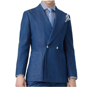 MTM New Popular Men’s Comfortable Casual Blue Cotton Suit Double Breasted 2 Button Cowboy Style Lightweight and Handsome
