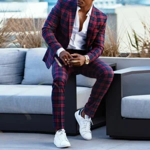 Manufactory Custom Style or Logo ODM Men’s Two Piece Blazer Set Plaid Digital Print Suit Jacket with Zipper Fly Business Style