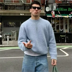 Manufacturer Custom Knitwear Men High Quality Fashion Crewneck Pullover Knitted Wool Blend Men’s Fuzzy Fluffy Sweaters