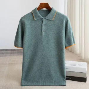 Manufacturer Custom Logo Men’s 100% Merino Wool Short Sleeve Knit Top Polo Knitted Sweater