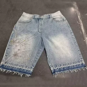 Manufacturer Fashion Streetwear Custom Acid Wash Light Blue Jean Shorts Distressed Denim Shorts Men Rhinestones Jorts