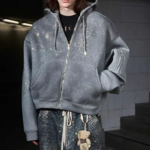 Manufacturer Heavyweight Distressed Zip up Hoodie Men Rhinestone Boxy Cropped Zipper Hoodies and Sweatshirts