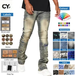 Manufacturer Men’s Cargo Jeans Multi-pocket Distressed Vintage Blue Denim Pants Trousers OEM ODM Custom Supplier