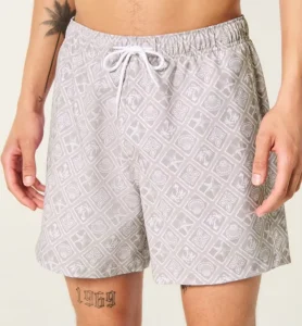 Manufacturer OEM Custom Logo Quick Dry Grey Tropical Print Elastic Waist Drawstring Side Pocket Men’s Swim Trunks Beach Shorts