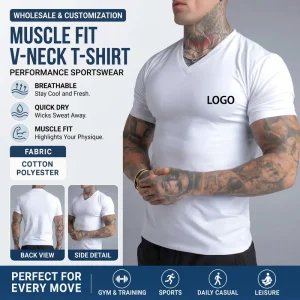 Manufacturer OEM Custom logo Muscle Fit Quick Dry V Neck Men’s T-shirts Performance Gym Workout Sports Wear t Shirt for Men