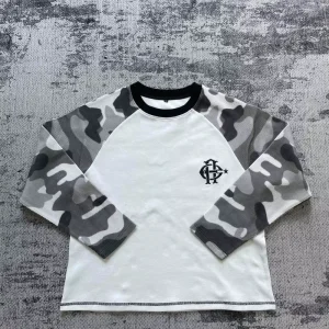 Manufacturer OEM Services Men’s Embroidery Logo DTG Printing T shirts Crew Neck Camo Raglan Long Sleeve T Shirt for Men