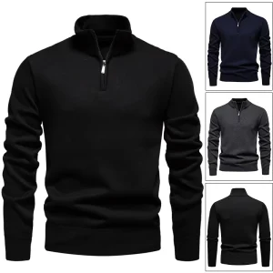 Manufacturer Solid Color Men’s Knitted Pullover Quarter Zip Knitwear Thick Cable Knit 12GG Rib Business Sweater
