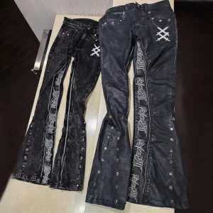 Manufacturer StreetWear Custom Zipper PU Flare Sweat Trousers Embroidery Skinny Fit Elastic Leather Stacked Pants for Men