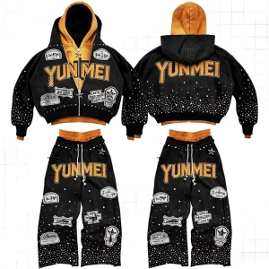 Manufacturer Streetwear Custom Distressed Embroidery Zip up Rhinestone Graphic Acid Wash Hoodie Sweatpants Sets Men Tracksuit