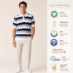 Manufacturer Wave Jacquard Short Sleeve Polo Neck Linen Cotton Blend Men Knitted Sweater Shirt