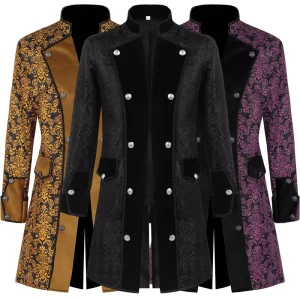 Medieval Renaissance Men’s Coat Trench Jacquard Style Retro Uniform Stand Collar Clothing Stage Performance Costume Court Blazer