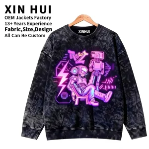 Men 100% Cotton Fleece Acid Stone Wash Vintage Oversized Printed Crew Neck Eco Friendly Autumn Sweatshirt