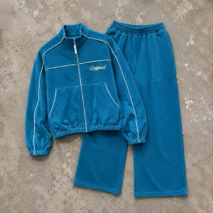 Men 100% Cotton Knit Two Piece Set Letter Print Zip Up Jacket Elastic Wide Leg Pants Streetwear Matching Set Tracksuits For Men