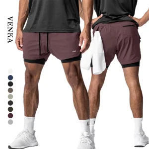 Men 2 in 1 Double Layer Quick Dry Running Short Pants Gym Fitness Training Sweatpants With Pocket Men Basketball Workout Shorts