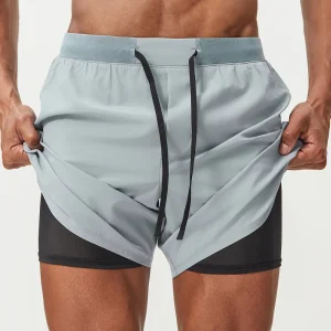 Men 2 in 1 Layer Sports Shorts High Waist Custom Logo Mesh Liner Breathable Pocket Running Gym Workout Summer Activewear