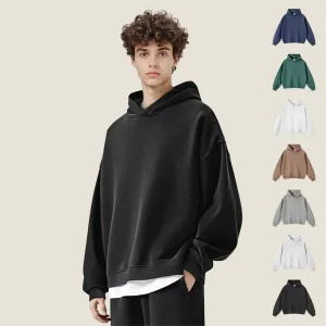 Men 350G Boxy Oversized Fleece Hoodies Cotton Polyester Loose Hooded Pullover Streetwear Short Solid