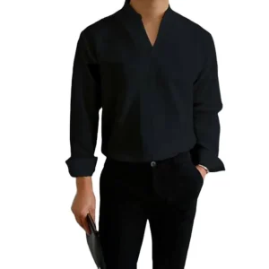 Men Autumn Shirts Long Sleeve Casual Elegant Work Business Solid Colors Stand Neck Blouse Stand Collar Tops Slim Shirt