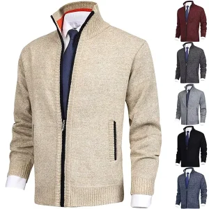 Men Autumn Winter Stand Collar Knit Solid Color Zipper Outdoor Cardigan Knitwear Casual Tops Coat Jacket Sweater