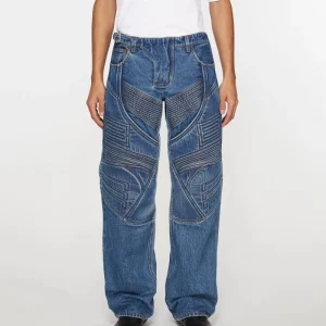 Men Biker Jeans Manufacturer OEM ODM Streetwear Ribbed Panelled Denim Pants Factory Customizable LOGO Loose Fit