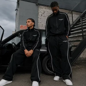 Men Black Nylon Tracksuit Set Reflective Piping Full Zip Track Jacket Wide Leg Pants Lightweight Streetwear Sportswear