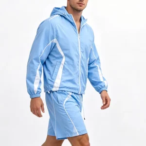 Men Custom Windbreaker Set Hooded Tracksuit Streetwear Short 2 Piece Outfit Summer Color Block Zip up Jacket Nylon Polyester Oem