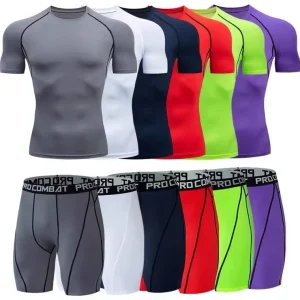 Men Fitness Clothing Activewear Colorful Short Sleeves Slim Shorts 2 Piece Sport Quick Drying Breathable Gym Set