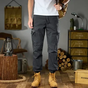 Men Garment Dyed Cargo Jogger Pants 97% Cotton Zipper Pocket Elastic Waist Casual Street Work Trousers 4 Colors