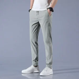 Men Lightweight Fast Dry Stretch Drawstring Closure Pants Ice Silk Trousers Solid Color Mid Waist Loose Breathable Straight Leg