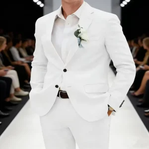 Men Linen Beaded Blazer 2-Piece Single Breasted Notched Lapel Lightweight Tuxedo Dress Suit