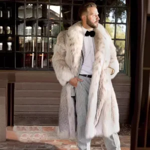 Men Long Faux Fur Coat Fluffy Fur Collar Outerwear Winter Thicken Warm Overcoat Soft Jacket