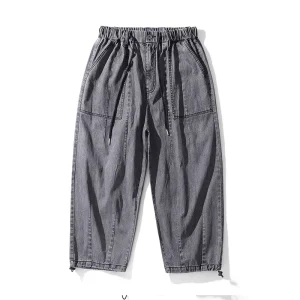 Men Mid Waist 100% Cotton Fleece Straight Casual Cargo Pants Elastic Drawstring Loose Wide Leg Multi Pocket Streetwear Trousers