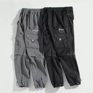 Men Mid Waist 100% Polyester Tactical Cargo Pants Elastic Drawstring Waist Multi Pocket Streetwear Jogger Trousers