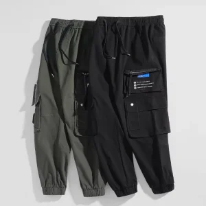 Men Mid Waist 97% Cotton 3% Spandex Cargo Pants Elastic Drawstring Multi Pocket Jogger Streetwear Casual Trousers