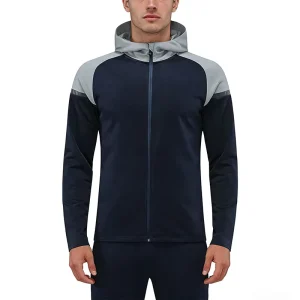 Men Navy Blue Grey Sportswear Tracksuit Set Full Zip Hoodie Custom Badge Versatile Fitness Training Daily Casual Wear