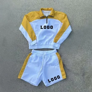 Men Nylon Windbreaker Jacket and Shorts Tracksuit Set 3/4 Zip up Nylon Two Piece Windbreaker Short Set for Men